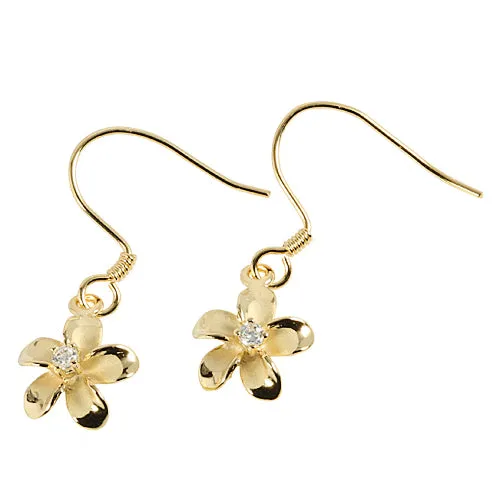 10MM Prong Setting CZ Sterling Silver Plumeria Hook Earring Yellow Gold Plated