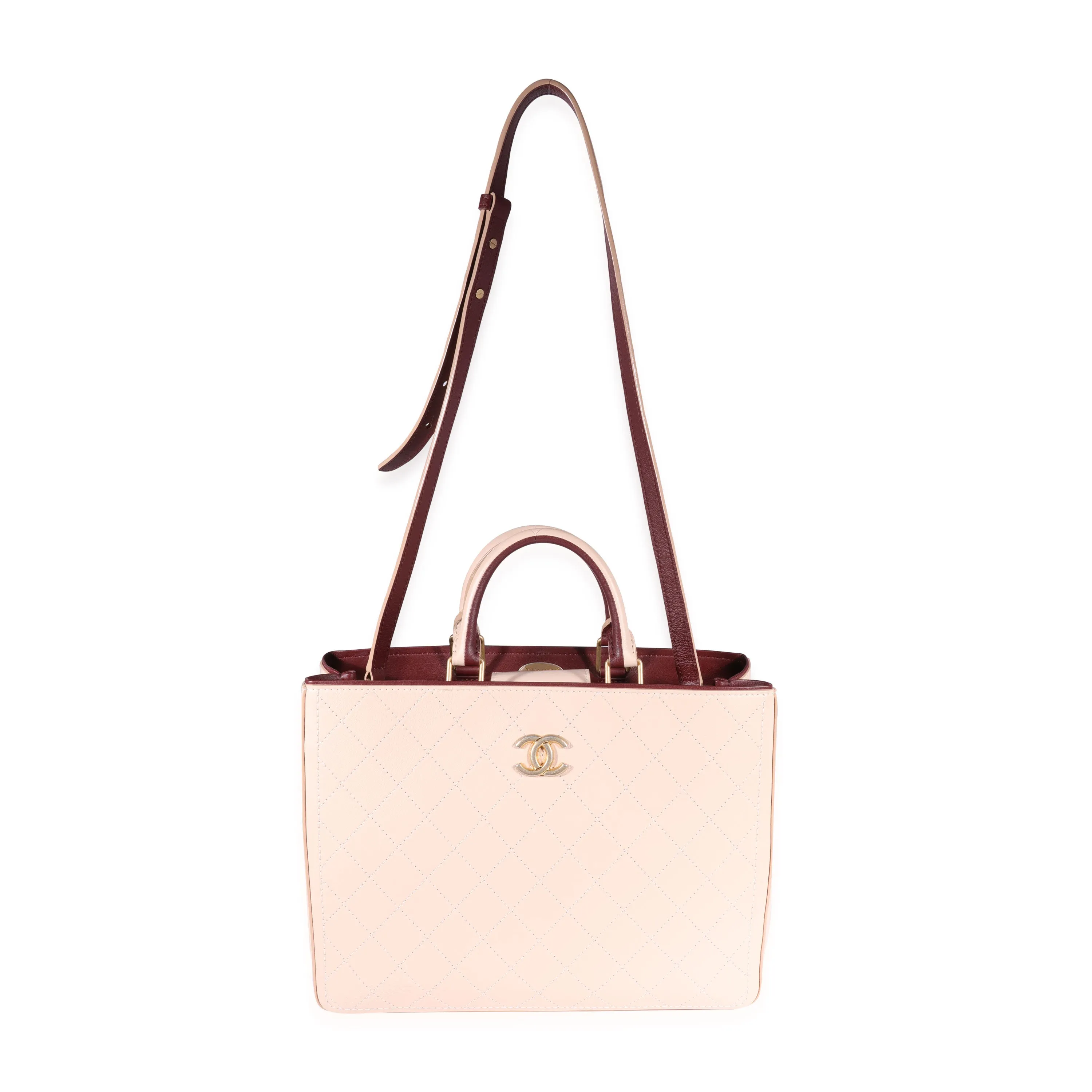 Chanel Beige & Burgundy Quilted Calfskin Shopping Tote