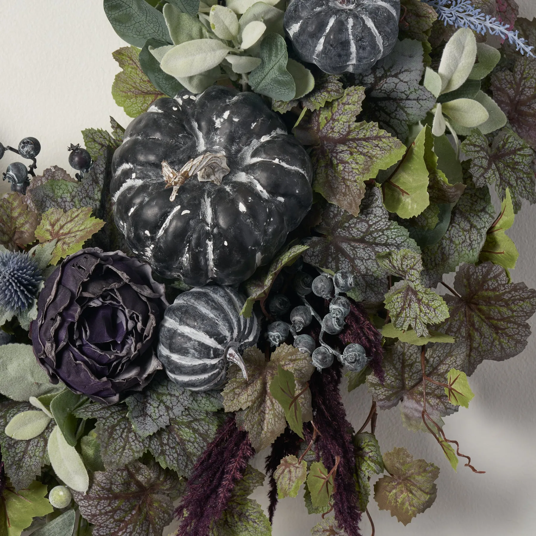 Enchanted Pumpkin Patch - Black & White Pumpkin, Purple Pampas, Dried-Look Peony Fall Halloween Front Door Wreath