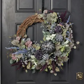 Enchanted Pumpkin Patch - Black & White Pumpkin, Purple Pampas, Dried-Look Peony Fall Halloween Front Door Wreath
