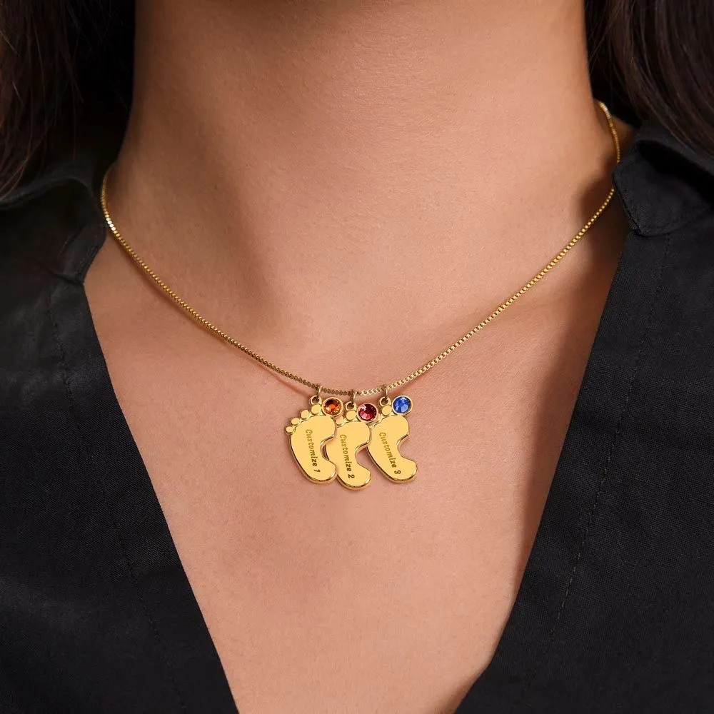 NANA Engraved Baby Feet Necklace with Birthstone