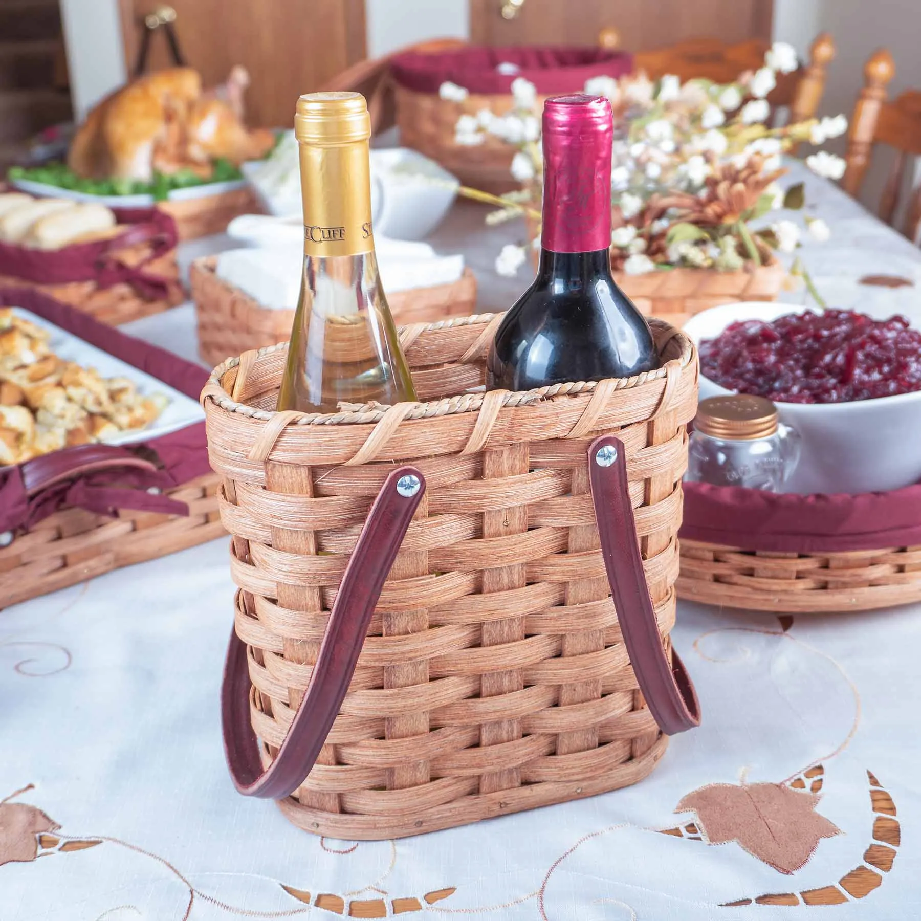 Wine Bottle Tote Basket | Amish Wicker 2 Bottle Wine Carrier